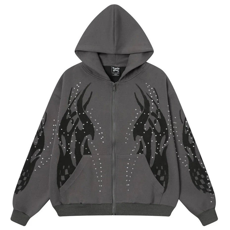 Fire Rhinestone Zip-Up Hoodie – Baggy Flame Graphic
