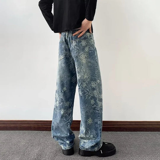 Floral Embroidered Straight-Leg Jeans – Unisex Faded Denim