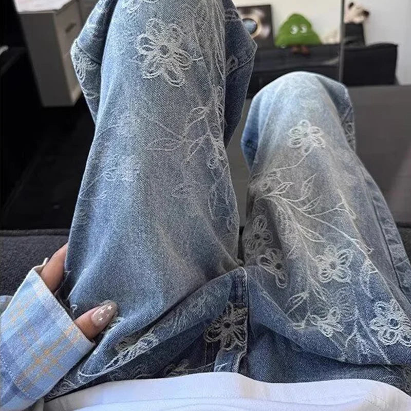 Floral Embroidered Straight-Leg Jeans – Unisex Faded Denim