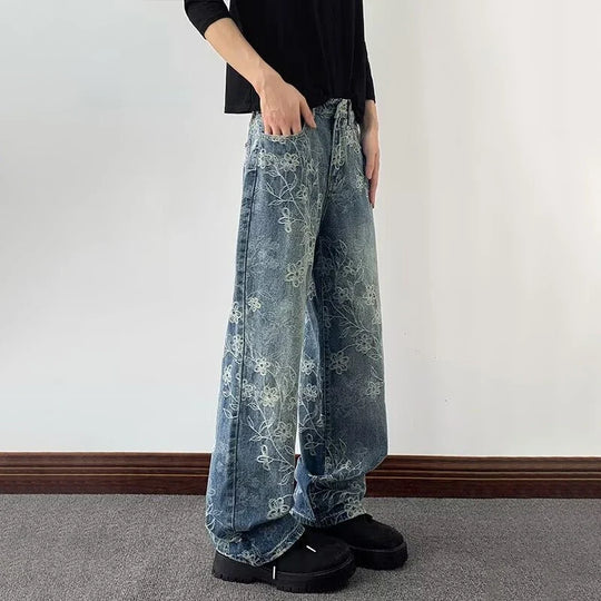 Floral Embroidered Straight-Leg Jeans – Unisex Faded Denim