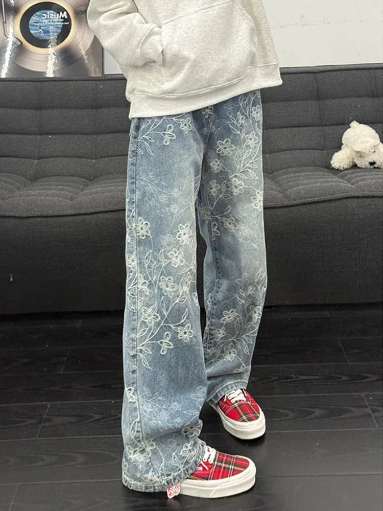 Floral Embroidered Straight-Leg Jeans – Unisex Faded Denim