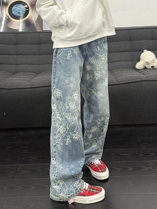 Floral Embroidered Straight-Leg Jeans – Unisex Faded Denim