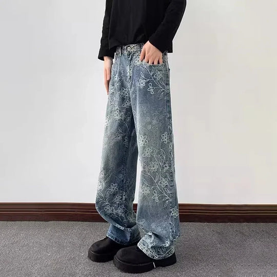 Floral Embroidered Straight-Leg Jeans – Unisex Faded Denim
