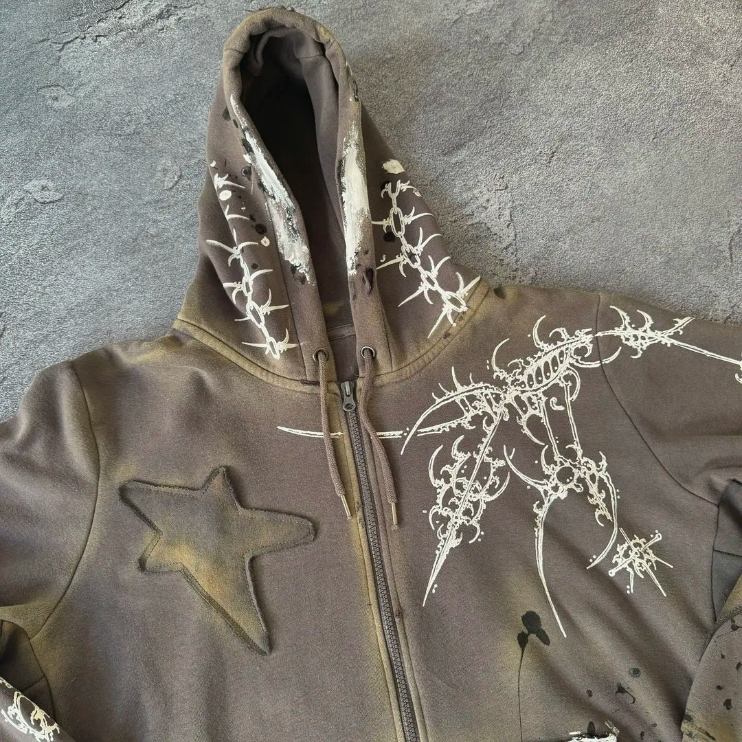 Gothic Star Patchwork Hoodie – Unisex Zip-Up Pullover