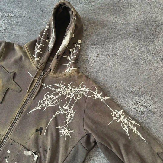 Gothic Star Patchwork Hoodie – Unisex Zip-Up Pullover