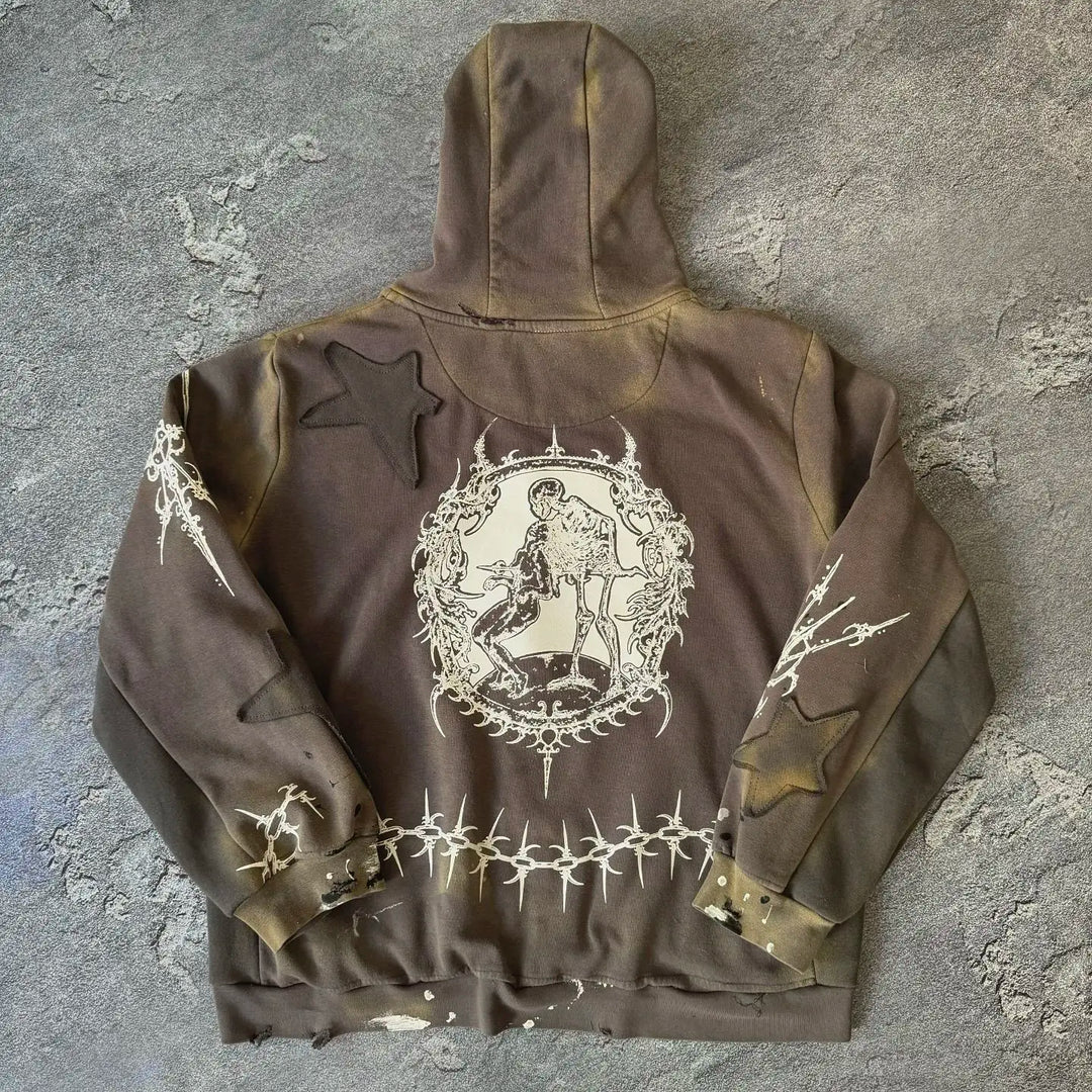 Gothic Star Patchwork Hoodie – Unisex Zip-Up Pullover