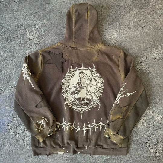 Gothic Star Patchwork Hoodie – Unisex Zip-Up Pullover