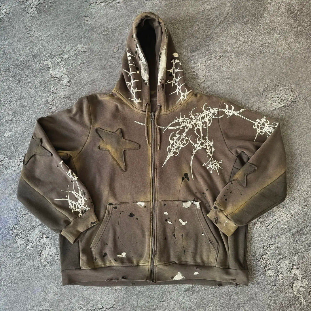 Gothic Star Patchwork Hoodie – Unisex Zip-Up Pullover