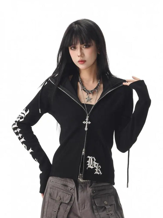 Gothic Text Graphic Hoodie – Women's Fitted Zip-Up