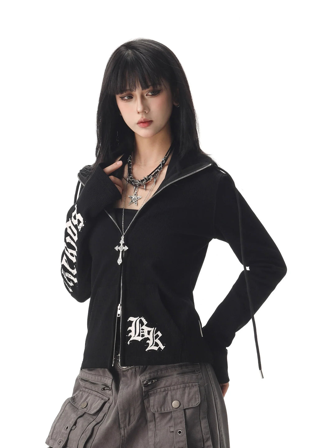 Gothic Text Graphic Hoodie – Women's Fitted Zip-Up