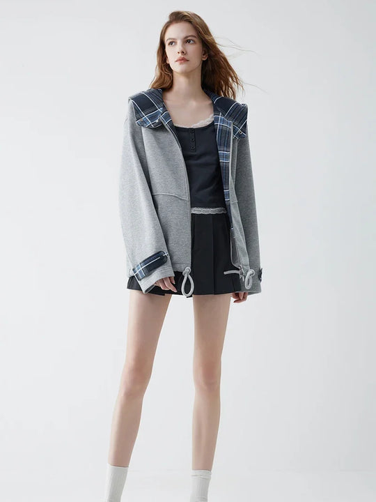Plaid Accent Zip-Up Hoodie – Women's Oversized Fleece