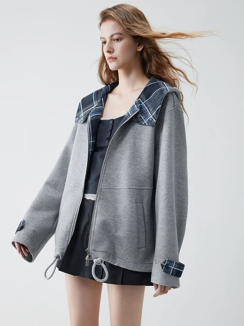 Plaid Accent Zip-Up Hoodie – Women's Oversized Fleece