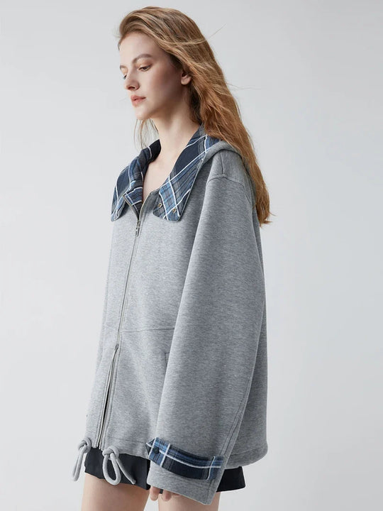 Plaid Accent Zip-Up Hoodie – Women's Oversized Fleece