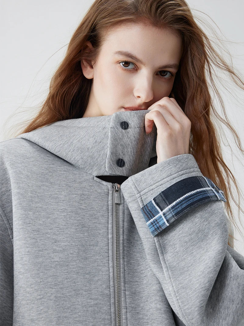 Plaid Accent Zip-Up Hoodie – Women's Oversized Fleece