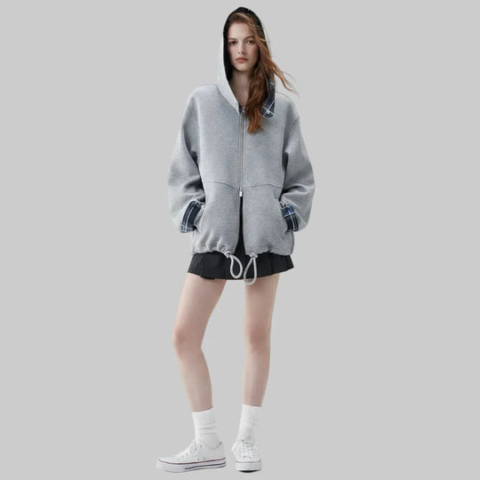Plaid Accent Zip-Up Hoodie – Women's Oversized Fleece