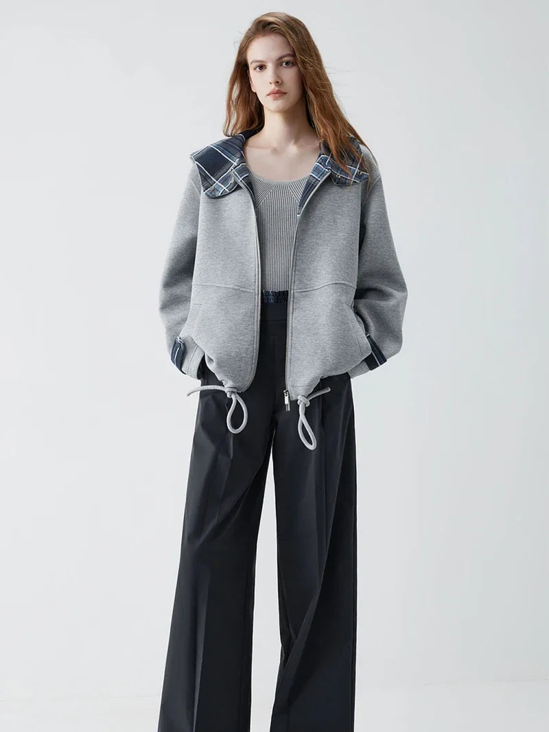 Plaid Accent Zip-Up Hoodie – Women's Oversized Fleece