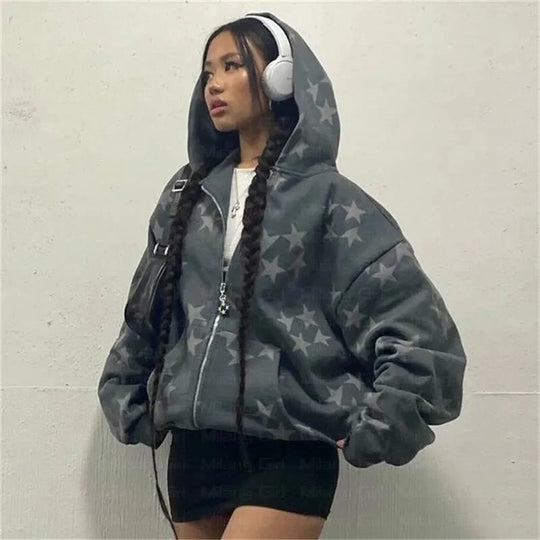 Star Print Zip-Up Hoodie – Women's Oversized Baggy Fleece