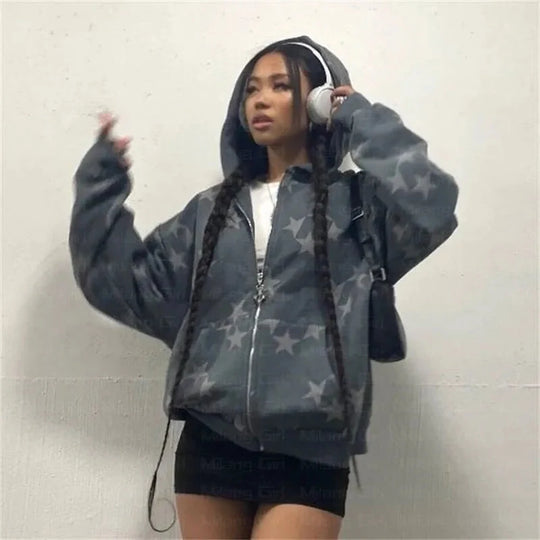 Star Print Zip-Up Hoodie – Women's Oversized Baggy Fleece