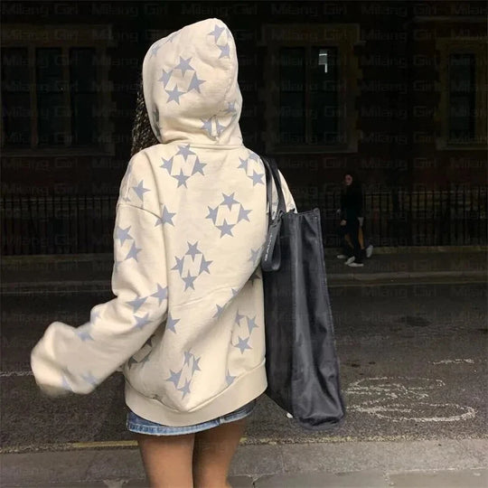 Star Print Zip-Up Hoodie – Women's Oversized Baggy Fleece