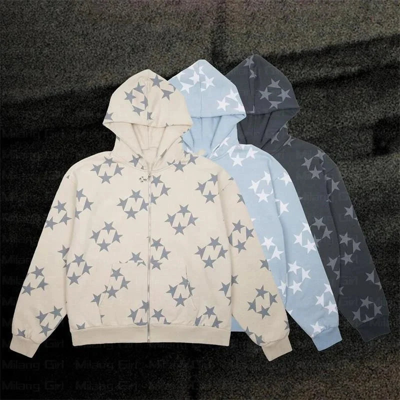 Star Print Zip-Up Hoodie – Women's Oversized Baggy Fleece
