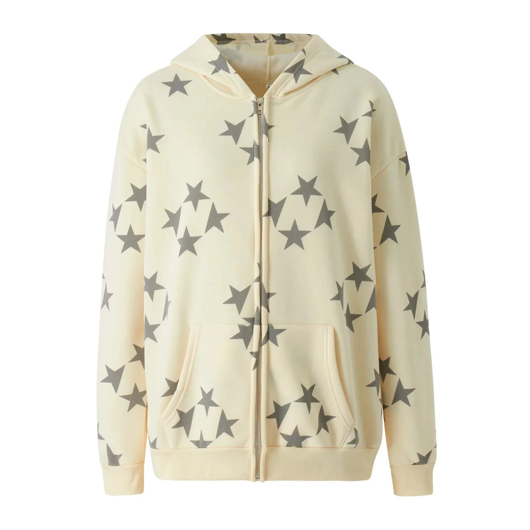 Star Print Zip-Up Hoodie – Women's Oversized Baggy Fleece