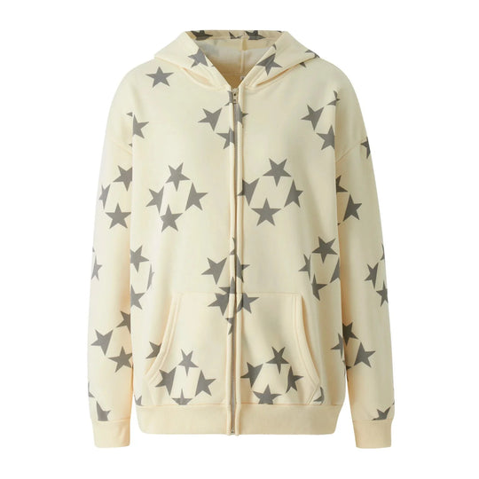Star Print Zip-Up Hoodie – Women's Oversized Baggy Fleece