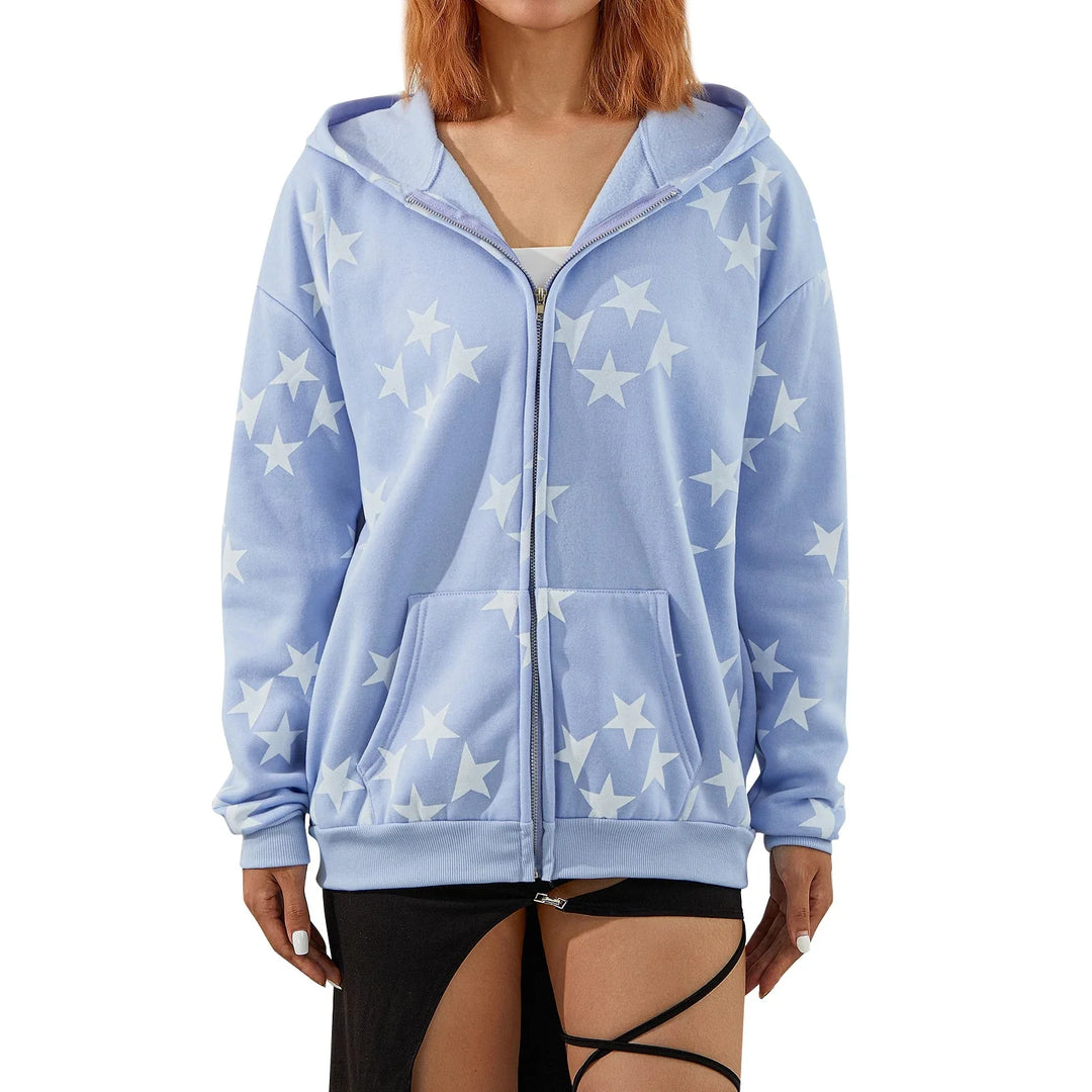 Star Print Zip-Up Hoodie – Women's Oversized Baggy Fleece