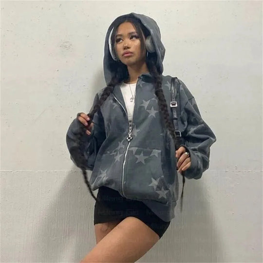 Star Print Zip-Up Hoodie – Women's Oversized Baggy Fleece