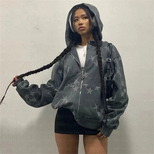 Star Print Zip-Up Hoodie – Women's Oversized Baggy Fleece
