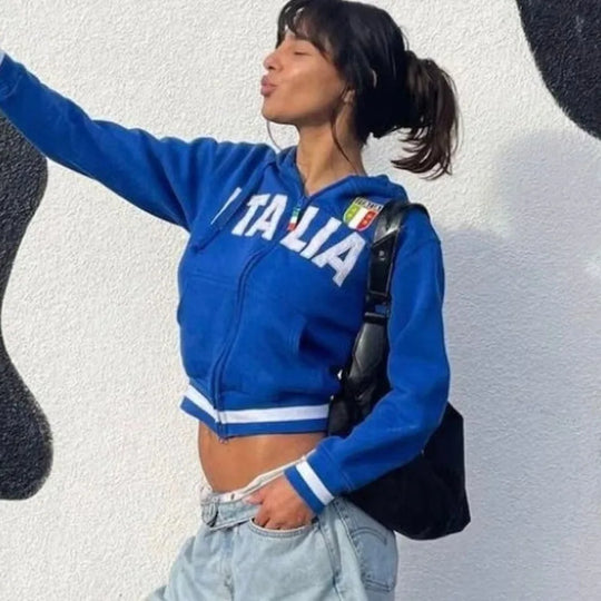 Italia Embroidered Zip-Up Hoodie – Women's Cropped Fleece