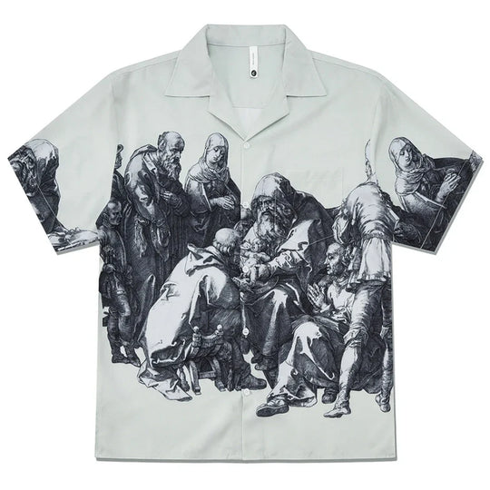 Medieval Print Button-Down Shirt – Unisex Oversized Short Sleeve