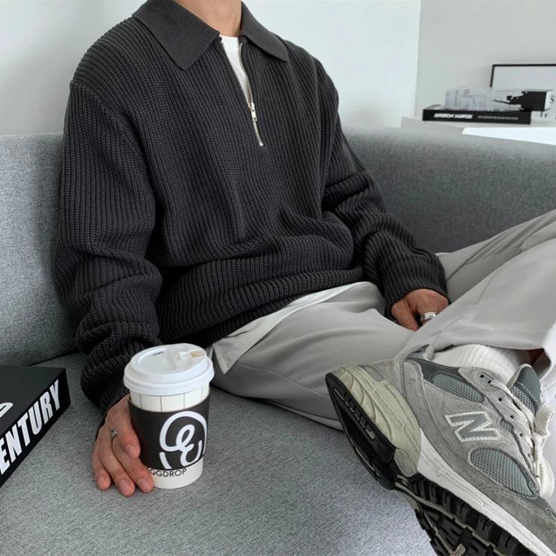 Knitted Lapel Quarter-Zip Jumper – Men's Relaxed Knit Sweater