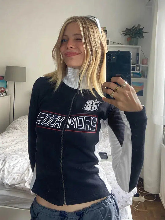 Knitted Racing Jacket – Women's Sporty Retro Zip-Up