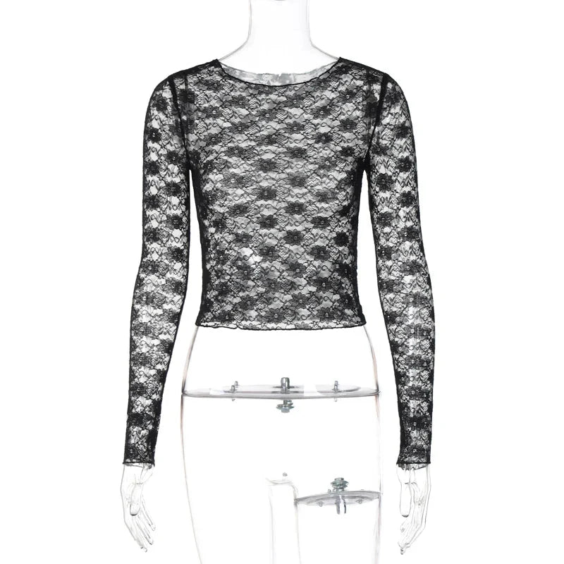 Lace Sheer Long Sleeve Top – Women's Delicate Fitted Top