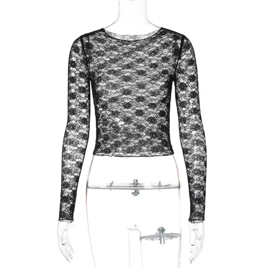 Lace Sheer Long Sleeve Top – Women's Delicate Fitted Top