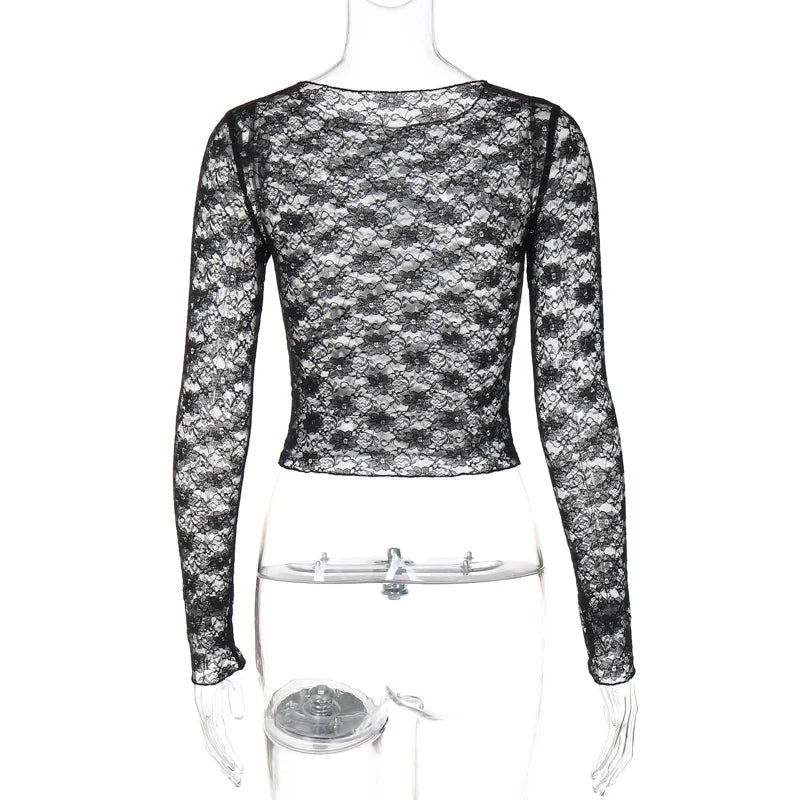 Lace Sheer Long Sleeve Top – Women's Delicate Fitted Top