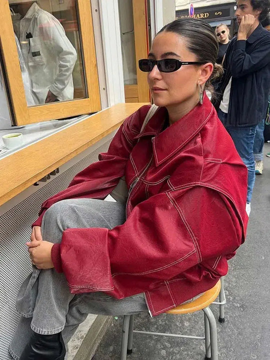 Red Leather Bomber Jacket – Women's Oversized Statement Coat