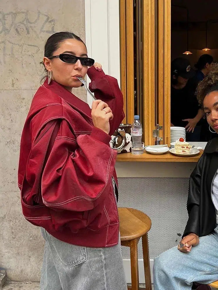 Red Leather Bomber Jacket – Women's Oversized Statement Coat