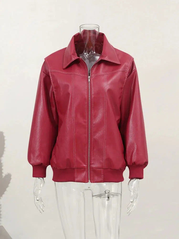 Red Leather Bomber Jacket – Women's Oversized Statement Coat