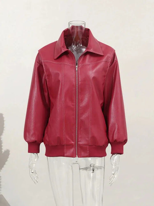 Red Leather Bomber Jacket – Women's Oversized Statement Coat