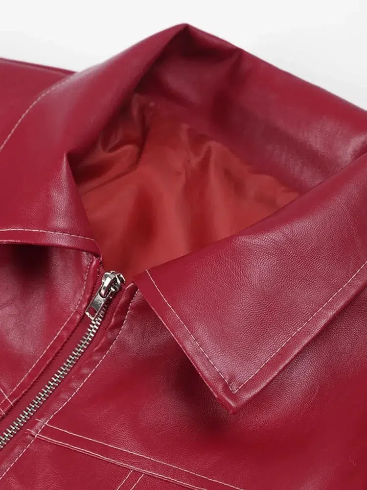 Red Leather Bomber Jacket – Women's Oversized Statement Coat