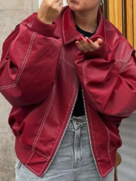 Red Leather Bomber Jacket – Women's Oversized Statement Coat