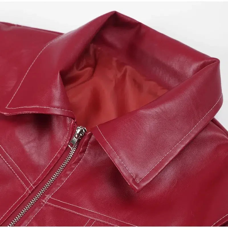 Red Leather Bomber Jacket – Women's Oversized Statement Coat