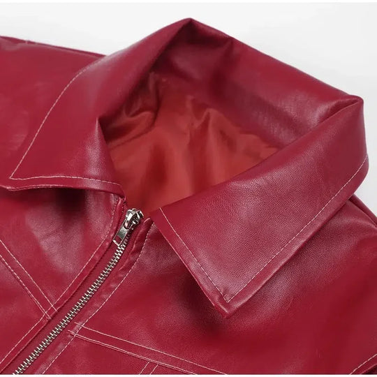 Red Leather Bomber Jacket – Women's Oversized Statement Coat