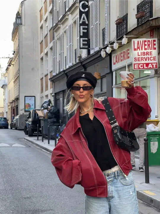 Red Leather Bomber Jacket – Women's Oversized Statement Coat