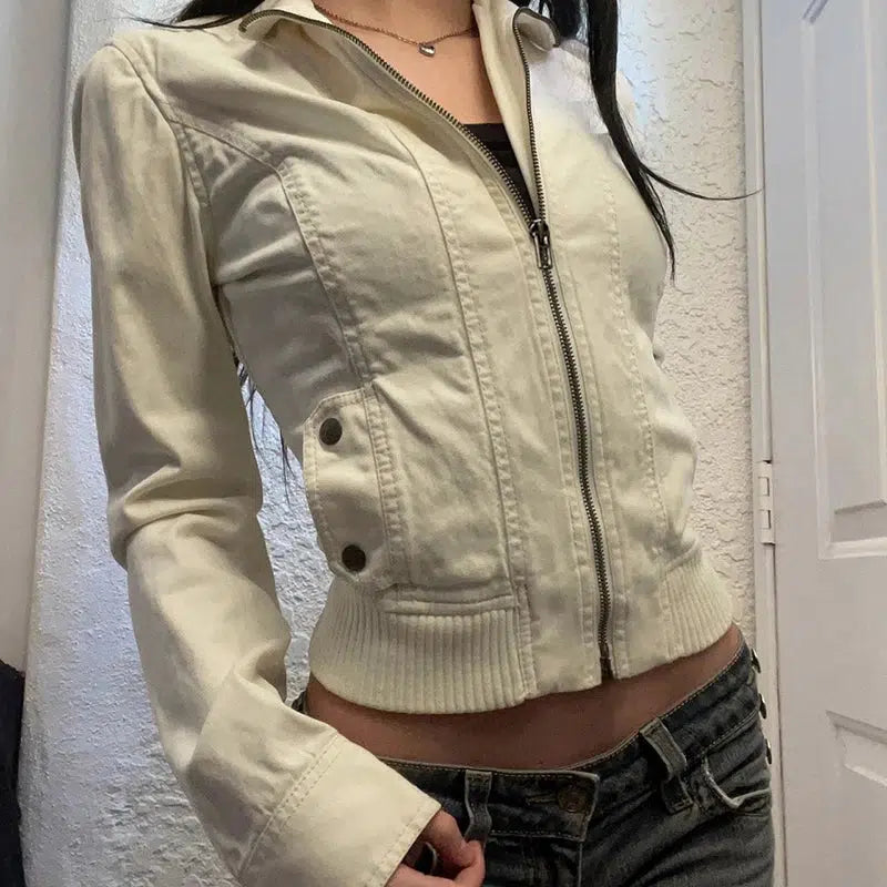 Cream Leather Jacket – Women's Cropped Fitted Coat