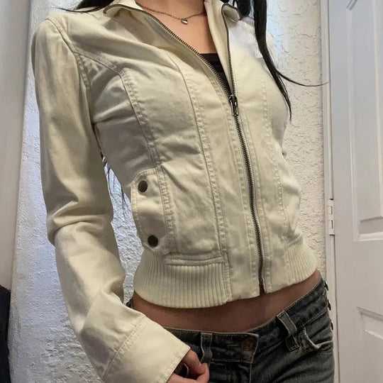 Cream Leather Jacket – Women's Cropped Fitted Coat