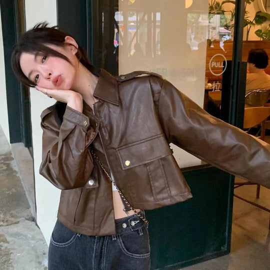 Cropped Moto Leather Jacket – Women's Structured Coat