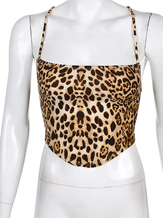 Leopard Print Strappy Top – Women's Open Back Satin Top