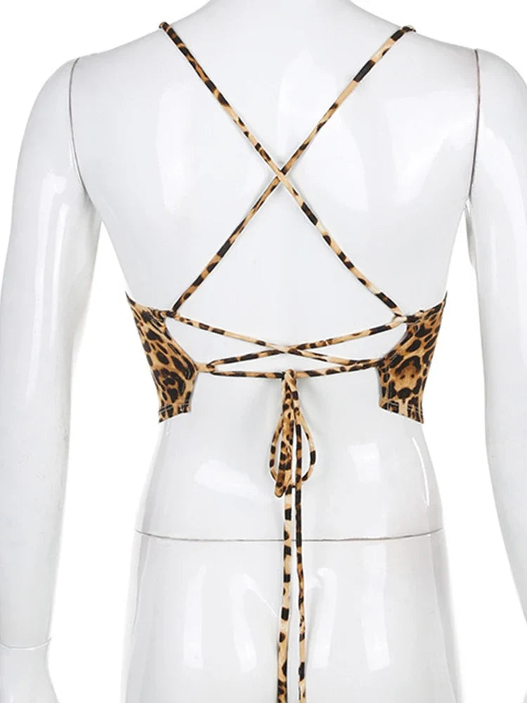 Leopard Print Strappy Top – Women's Open Back Satin Top